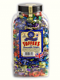 Our twist wrapped Assorted Toffees & Chocolate Éclairs in a 2.5kg jar.